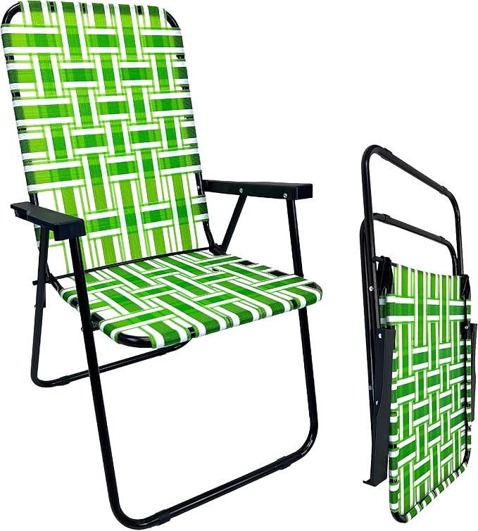 Lawn Chair Folding Steel Webbing Chaise Patio Lounger Seat Wood Handles Great for Camping Beach Fishing Backyard Stadium Pool Boating and Sports 2 Pack Green
