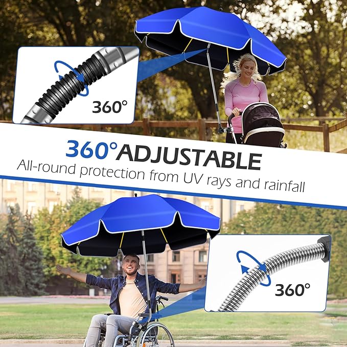 48.8 inch Large Beach Umbrella with Clamp Sun Shade for Beach Chair 360°Adjustable UV Protection Golf Umbrella with Clip for Outdoor Stroller Wheelchair Camping Chair