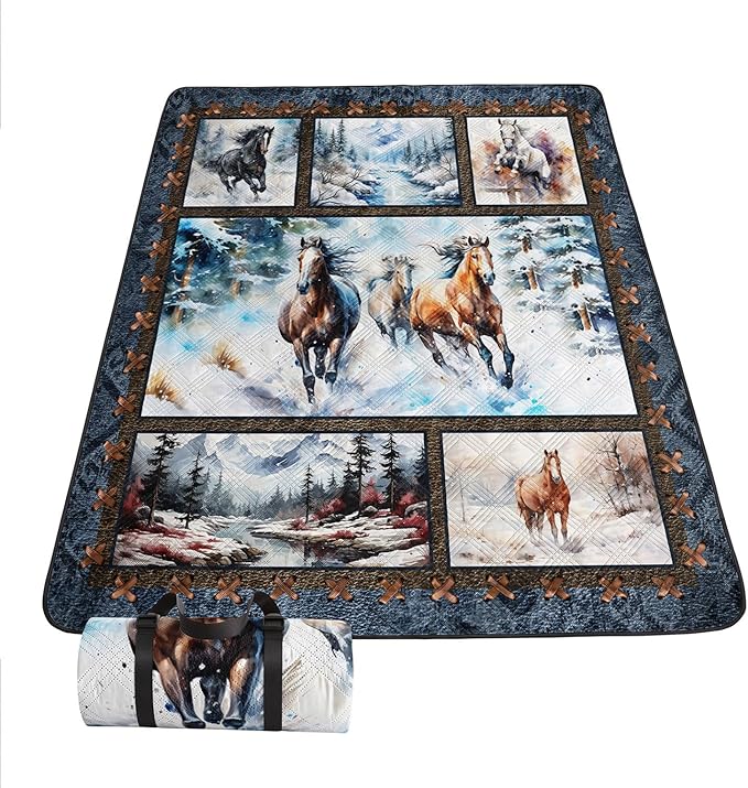 Outdoor Picnic Blanket Portable Ultrasonic Waterproof Picnic 3D Horse Printed Camping Beach Mat for Sand and Wet Grass Hiking (3D Horse L