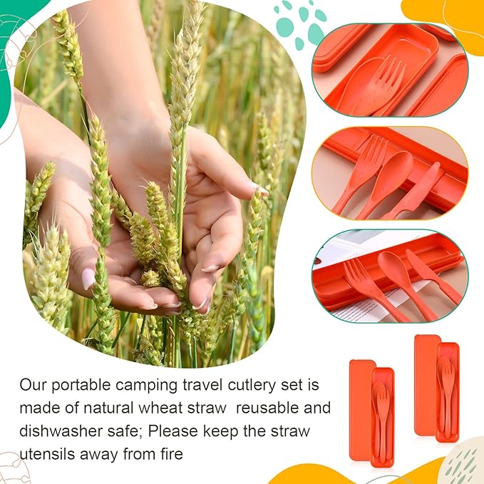 Jinei 50 Sets Reusable Travel Utensils Set with Case Wheat Straw Cutlery Portable Spoon Knife Forks Lunch Box Accessories Friendly Tableware for Kids Adults Camping Utensils(Orange)