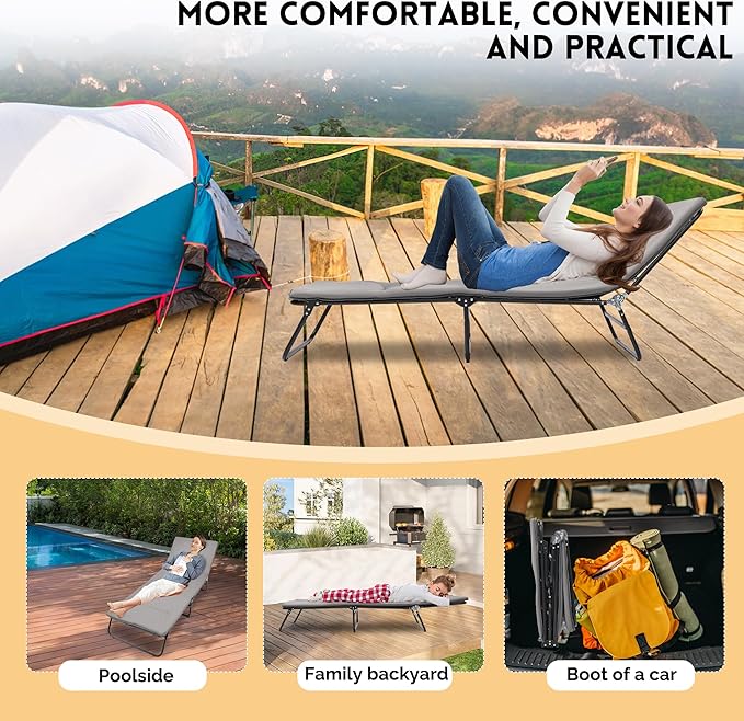 Folding Camping Cot for Adults 5-Angle Adjustable Camping Cot Heavy Duty Outdoor Bed with Carry Bag1200 D Layer Oxford Travel Camp Cots (Grey)