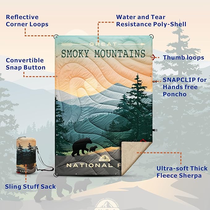 Sherpa Puffy Outdoor Camping Blanket for Traveling Picnics Beach Concert Car Stadium Sporting Events - Wearable Warm Waterproof - 55 X 78 (Great Smoky Mountains NP)