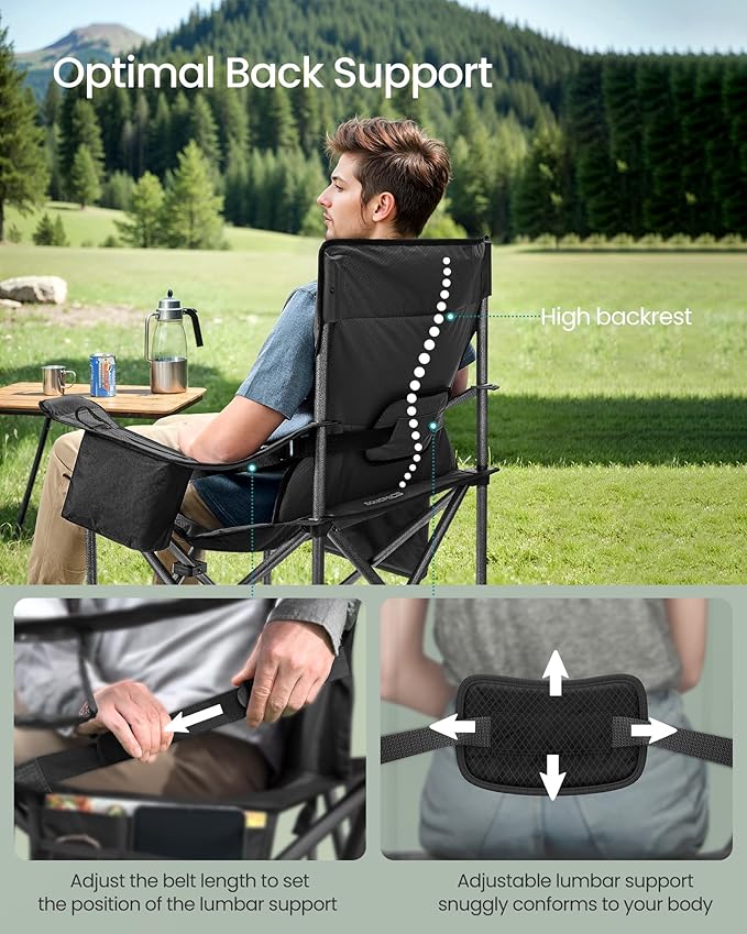 SONGMICS Oversized Lumbar Support Camping Chair Heavy-Duty Outdoor Folding Chair Comfortable Padded Glamping Cooler Bag Weight Capacity 450 lb Ink Black UGCB066B01