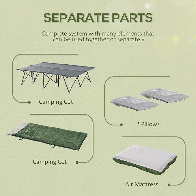 Outsunny 2-Person Folding Camping Cot Portable Outdoor Bed Set with Sleeping Bag Inflatable Air Mattress Comfort Pillows and Carry Bag Soft and Comfortable for Outdoor Travel Camp Beach Vacation