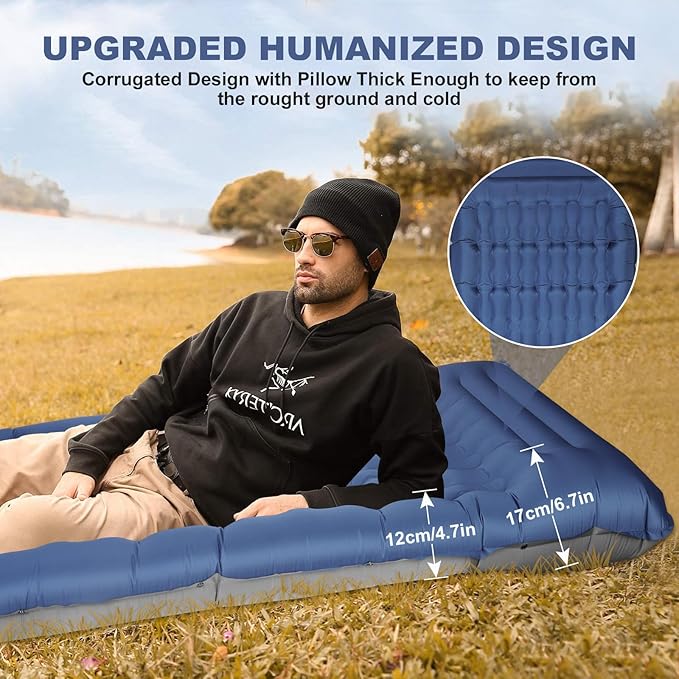 Camping Sleeping Pad with Pillow: Extra Thick 4.7 Inch Ultra-Light Self Inflating Airpad Most Comfortable Inflatable Sleep Mattress with Foot Pump for Backpacking Camp Hiking Tent (Navy Blue)