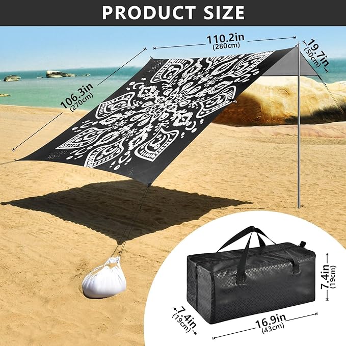 ALAZA White Mandala Graffiti Beach Tent Sun Shelter UPF50+ Protection Beach Shade Canopy w/ 4 Sandbags for Outdoor Camping Fishing Backyard Fun Picnic 10x9 ft