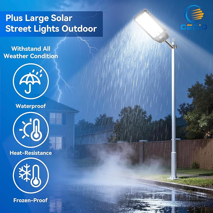 CEDIO 12000W Commercial Grade Solar Street Light IP67 Waterproof Heavy Duty LED Flood Light with Remote &amp Motion Sensor Dusk to Dawn Security Light for Parking Lot Farm Property Yard