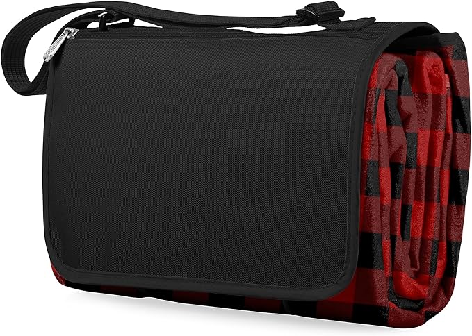 PICNIC TIME Outdoor Picnic Blanket Tote 59x51 Foldable Beach &amp Camping Blanket with Soft Fleece Water-Resistant Bottom Adjustable Strap &amp Zippered Pocket (Red &amp Black Buffalo Plaid)