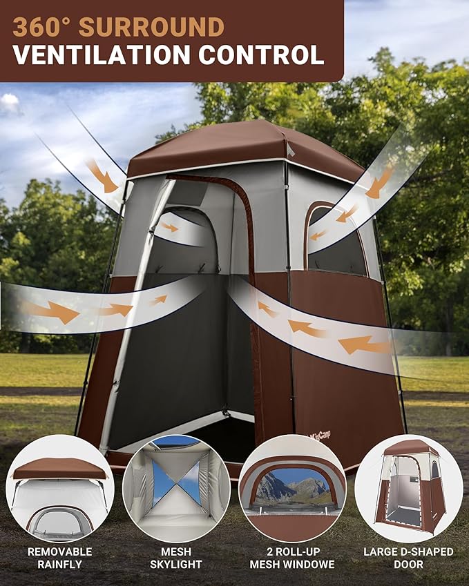 KingCamp Camping Shower Tent Portable Outdoor Privacy Toilet &amp Changing Tent Windproof &amp Waterproof Easy Setup 1 or 2 Room Shelter with Shower Bag for Camping Hiking Beach