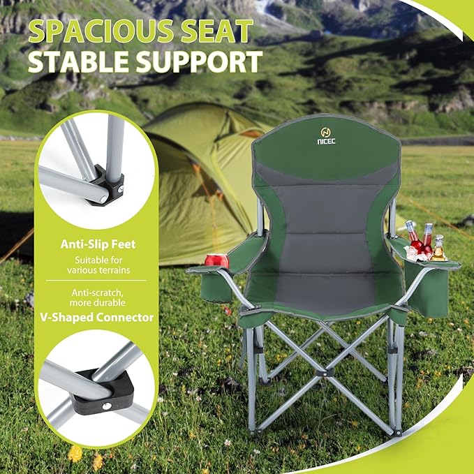 Nice C Camping Chair Portable Chair Lawn Chairs Outdoor Chairs with Armrest Cooler Bag Cup Holder Side Pocket for Camping Traveling Picnic (Green&ampGrey 1-Pack)