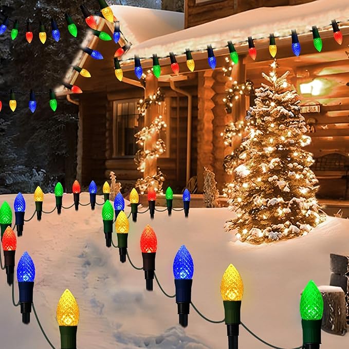 Solar Christmas Pathway Lights 20 LED C9 String Lights with 20 Stakes 23FT Solar Powered Multicolored Decorations for Roof Yard Patio Walkway Driveway