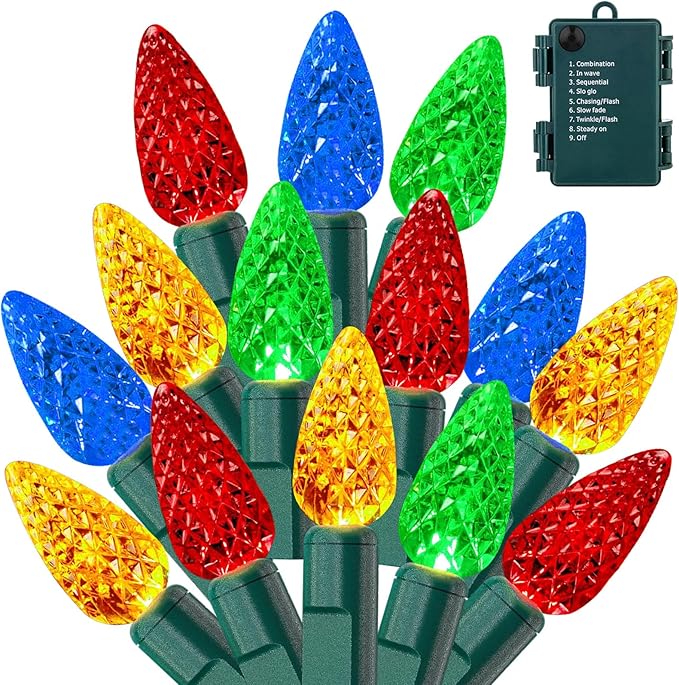 50LED C6 Christmas Lights Battery Operated 16.4FT C6 Christmas Lights Battery Powered with Timer 8 Modes Waterproof for Outdoor Garden Patio Indoor Xmas Tree Bedroom Party Multi-Color