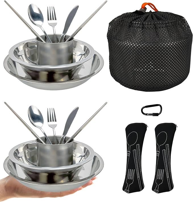 Stainless Steel Camping Mess Kit - Person's Complete Picnic &amp Camp Dish Set Includes Plate Bowl Cup &amp Utensils