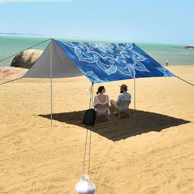Blue Mandala Pattern Beach Tent Sun Shelter 9.2' x 10.5' Beach Canopy with 4 Sandbags 4 Stability Poles Sand Shovels - Tent Canopy for Beach Camping Fishing Picnics