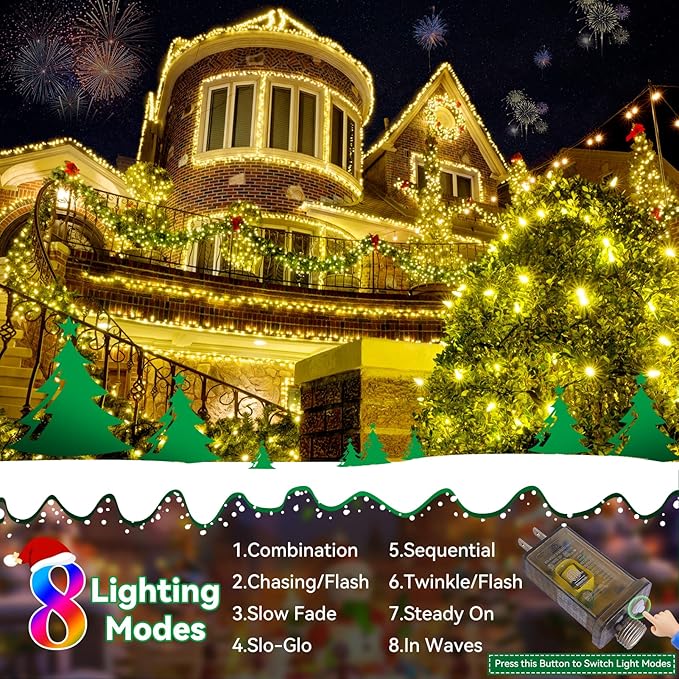 Heceltt Christmas Lights Outdoor 522FT 1300 LED String Lights with 8 Lighting Modes Timer Memory Twinkle Fairy Lights Waterproof Plug in for Xmas Tree Wedding Party Holiday Decor(Warm White)