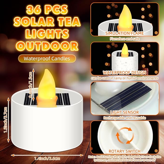 36 Pcs Solar Tea Lights Bulk Outdoor Waterproof Rechargeable Dusk to Dawn Lighting Small Valentine's Day Flameless Flickering LED Votive Candles for Garden Patio Party Lanterns (Amber)
