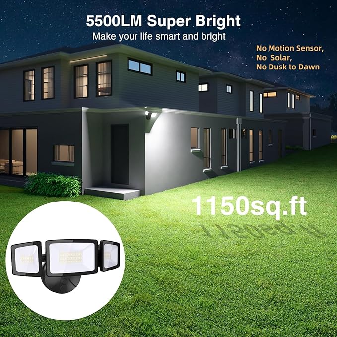 Onforu 55W Smart LED Flood Lights Outdoor 5500LM Tunable 2700K-6500K APP Control WiFi Alexa Security Lights with Timer &amp Adjustable 3 Head IP65 Waterproof for House Yard Porch Garage Back