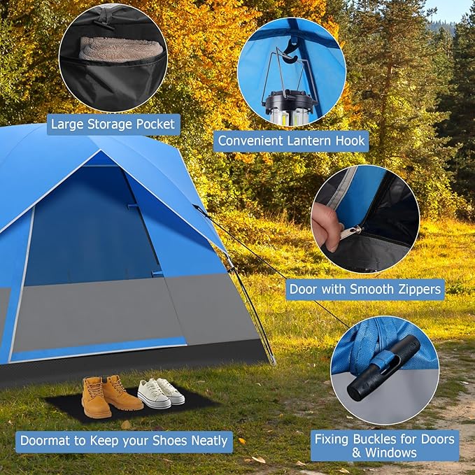 Tangkula 3 Person Camping Tent Portable Backpacking Tent with Removable Rainfly Floor Mat 3 Mesh Walls &amp Zippered Doors Carrying Bag Family Dome Tent for Camping Hiking Traveling