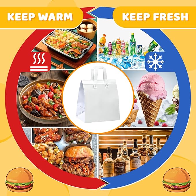 Hushee 200 Pcs Insulated Take out Bags Bulk Thermal Insulation Take Away Bags Disposable 10.24x11.02x6.69 Inch for Grocery Lunch Hot Cold Frozen Food Delivery Shipping Cooler(White)