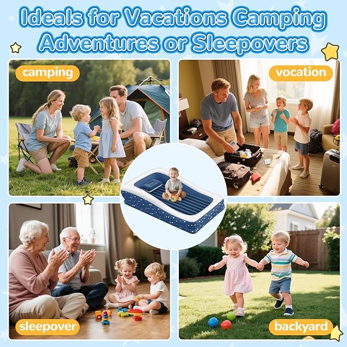 Inflatable Toddler Travel Bed: Portable &amp Safety - Blow Up Toddler Bed Travel with 4 Sides - Kids Air Mattress Ideal for Outdoor Camping - Easy to Inflate Deflate and Clean (67” Blue)