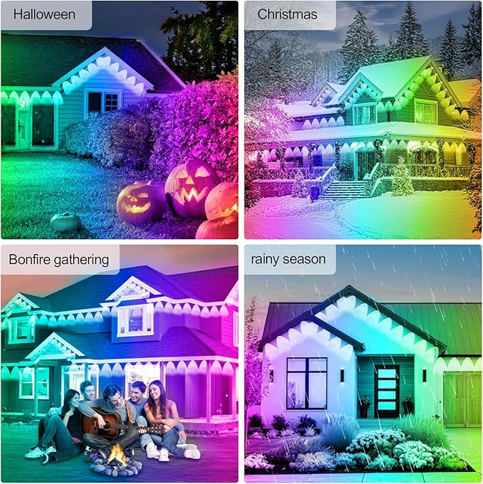 FBZ 100FT Permanent Outdoor RGB Lights - IP67 Waterproof with Smart App Control RemoteDIY Scene Modes Music SynchronizationEaves Lights for Garden DecorDeckChristmas