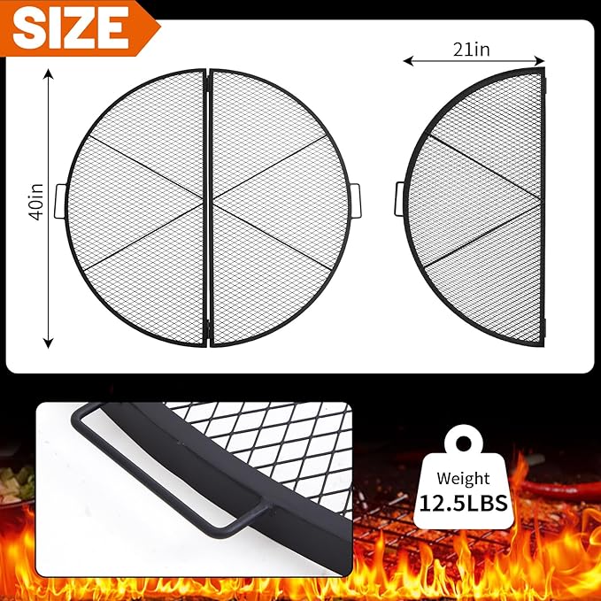 40 Inch X-Marks Fire Pit Grill Grate Round Foldable Fire Pit Cooking Grate Heavy Duty Steel Campfire BBQ Grill Grid with Handles for Outdoor Camping Cooking Black