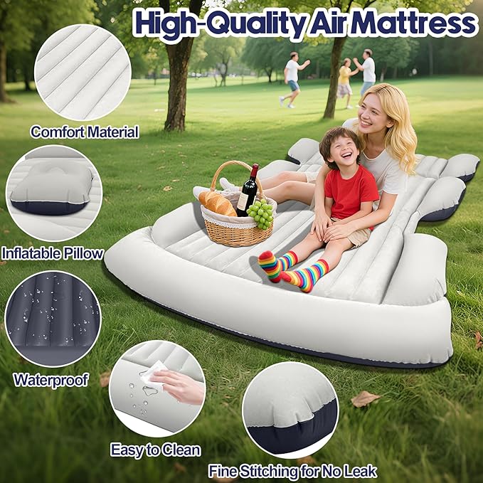 SUV Air Mattress with Air PumpThickened Camping Bed with 2 PillowsPortable Car Air MattressQuick Easy Set-UpInflatable Bed for CarDurability car Bed for SUV HomeTravelCamping(GreyBlue)