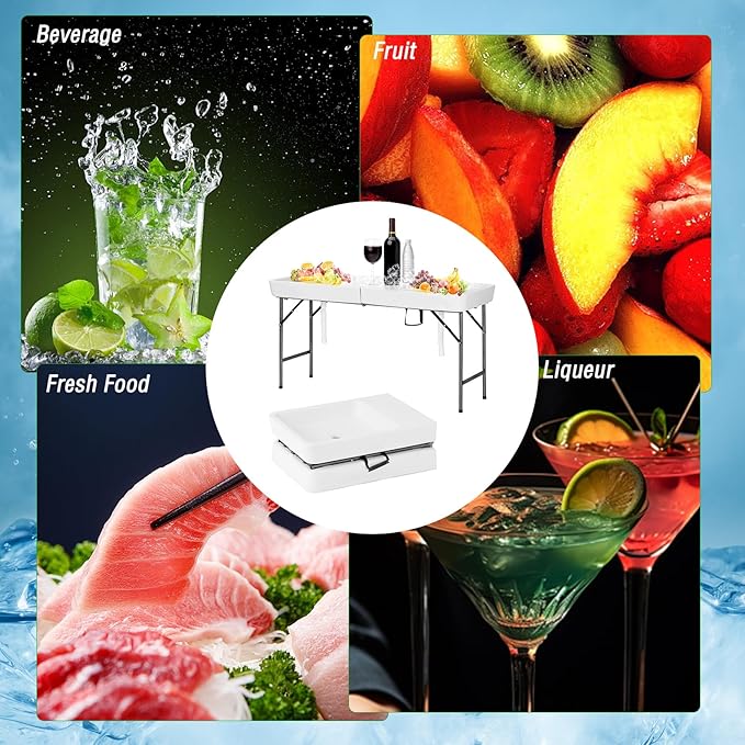 Party Ice Cooler Folding Table Fill and Chill Table with Drain Hose 5 Foot Beverage Ice Tables for Party Picnic BBQ Camping