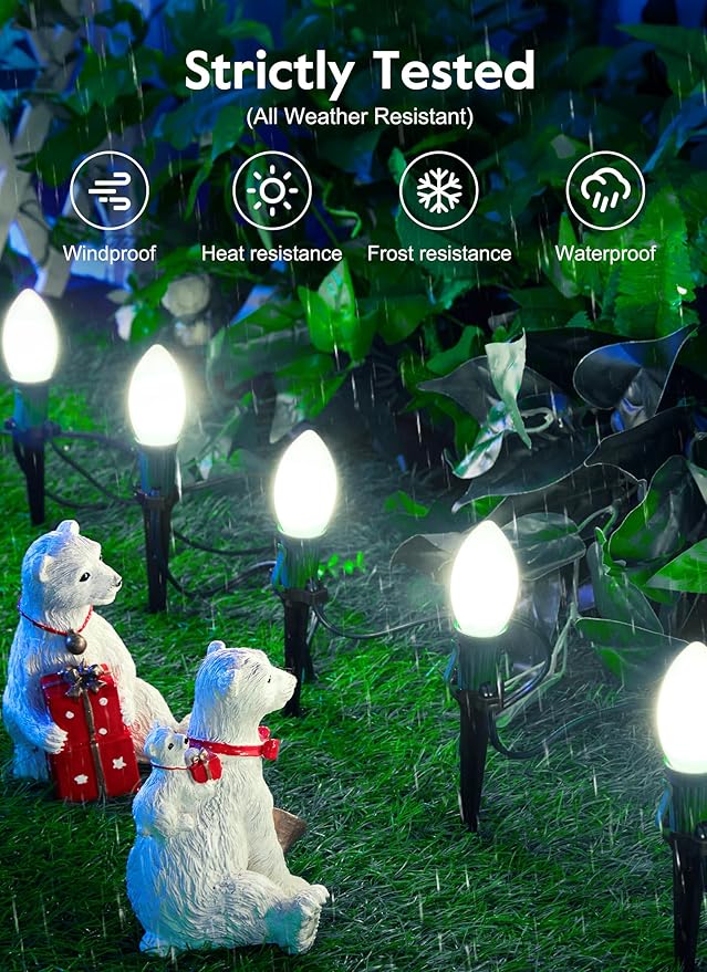 Brightown Frosted C9 LED Christmas Lights Outdoor 32Ft Pathway Lights with 25 LED Bulbs Pure White
