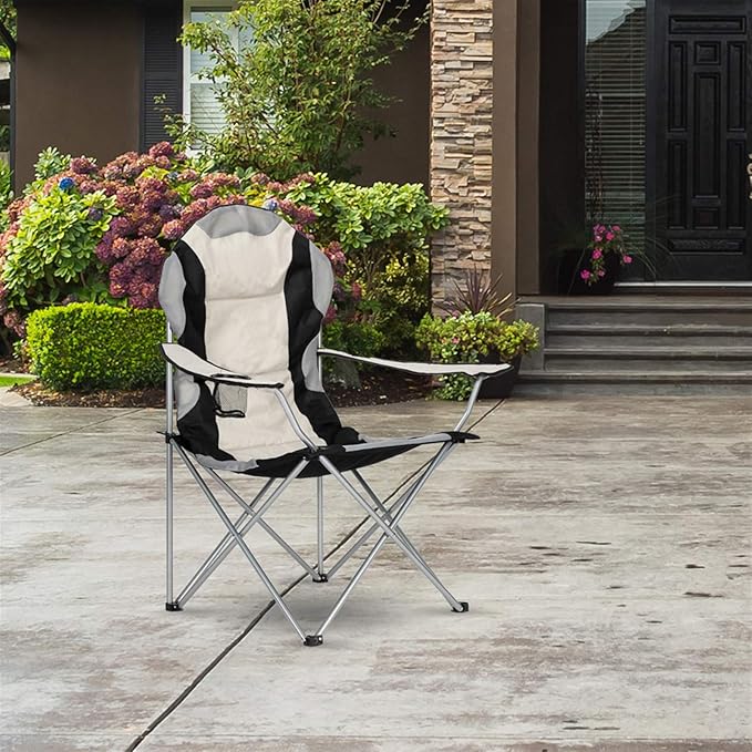 Medium Camping Folding ChairHeavy Duty Support 330 LBS Iron Tube Collapsible Arm Chair with Cup Holder Portable for OutdoorBlack&amp Gray