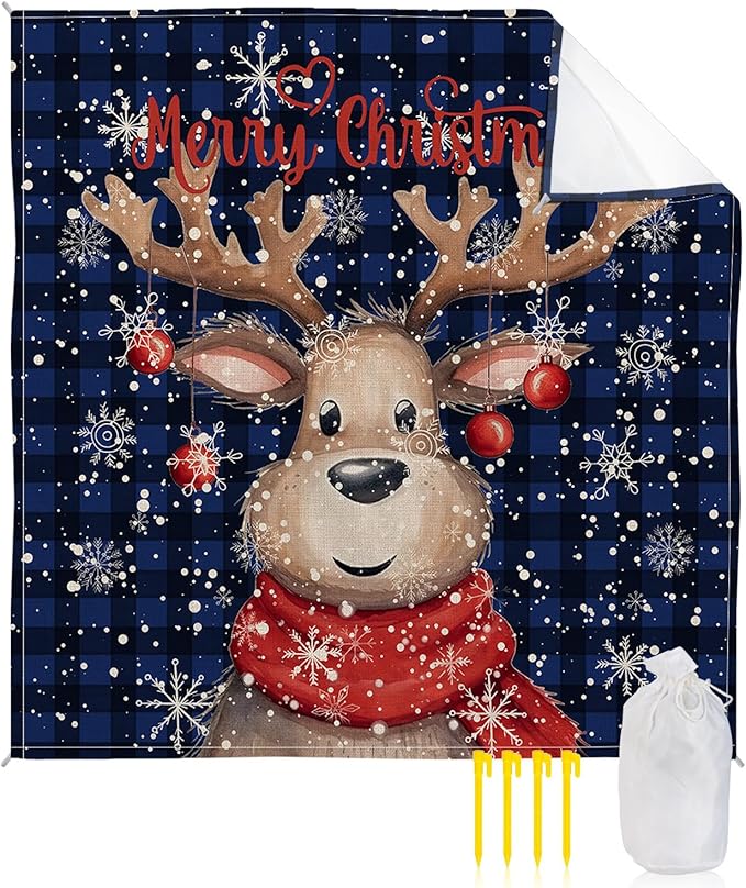 Beach Blanket Waterproof Sandproof OversizedReindeer Xmas Ball Winter Snowflakes Beach Mat with Corner Stakes Sand PocketsBlue Black Buffalo Check Outdoor Picnic Mat for Travel Camping 108x84In