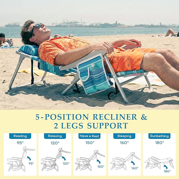 Beach Chairs for Adults Portable Folding Backpack Beach Chair Heavy Duty 5-Position Lay Flat with Cooler Bag Cup Holder for Outdoor/Lawn/Trip/Picnic/Fishing/Camping