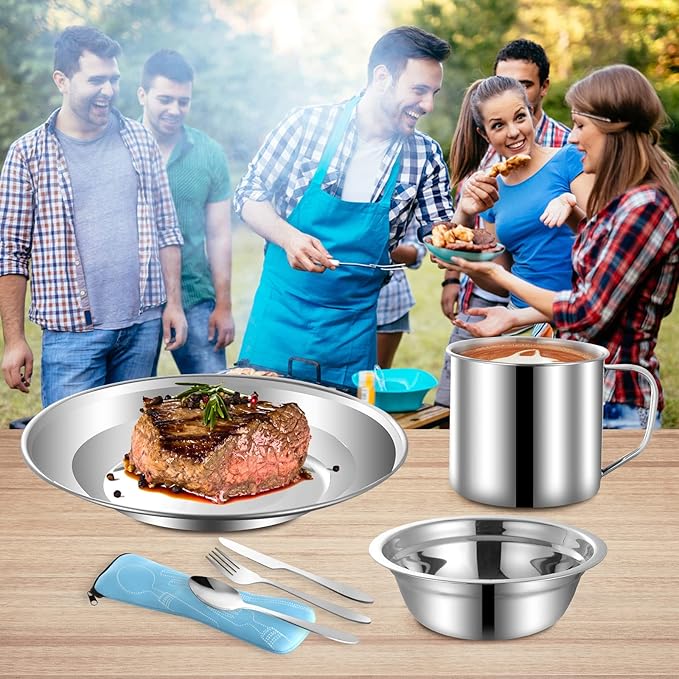 Camping Mess Kit Camping Dishes Set Stainless Steel Tableware Mess Kit Includes Plate Bowl Cup Spoon Fork Knife in Mesh Bags for Camping Backpacking &amp Hiking for 2 Person