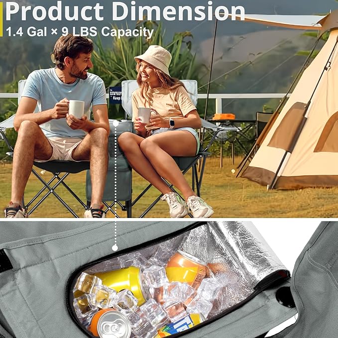 Double Camping Chair with Removable UmbrellaFolding Two-Person Seat Beach Chairs with Cup Holder Cooler BagFolding Camping Loveseat Chairs for Sports Lawn Patio Outside (Grey)