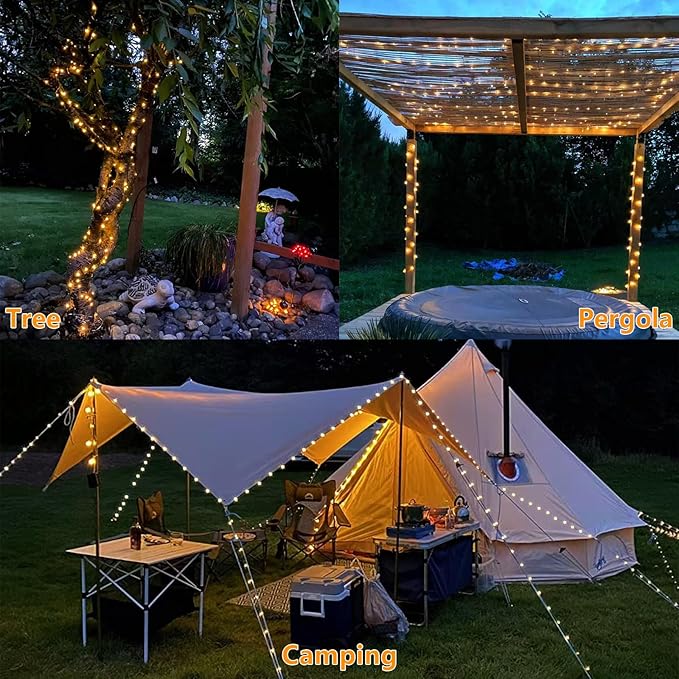 YEGUO 4 Pack Warm White Solar Fairy Lights Each 33ft 100 LED Valentines Lights Outdoor Waterproof 8 Modes Sliver Wire Solar String Lights