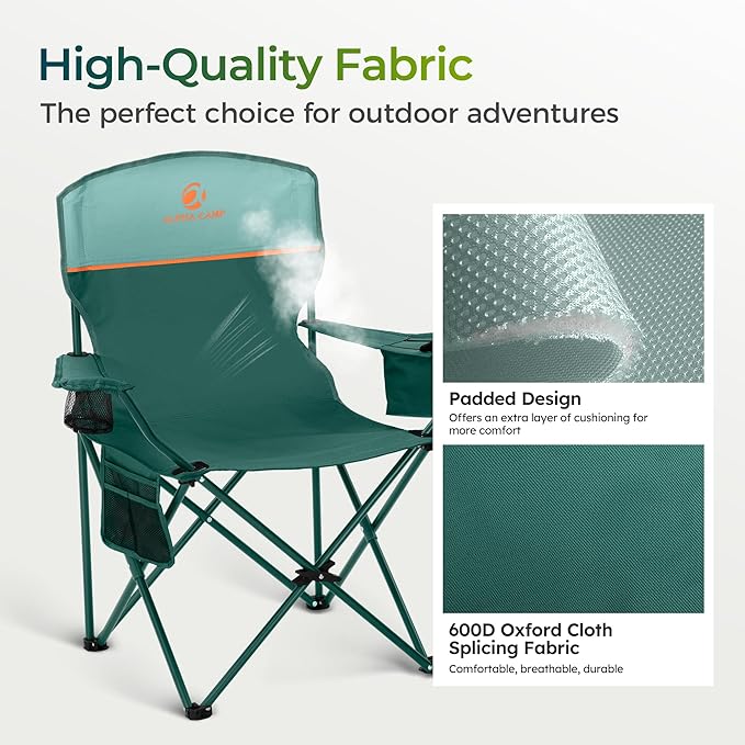 ALPHA CAMP Folding Camping Chairs for Adults Lawn Chairs Outdoor Chairs Support 250 LBS Portable Camp Chairs with Cup Holders Cooler Pouch for Outdoor 2 Pack
