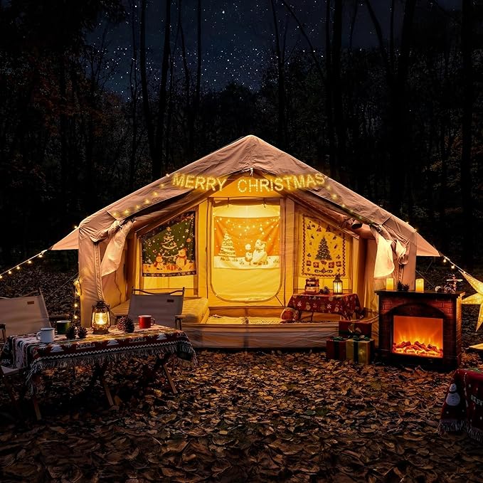 Donext Inflatable Camping Tent 4-Season Glamping Tent with Stove Jack Mesh Windows Easy Setup Windproof Cotton Outdoor Tent with Hand Pump