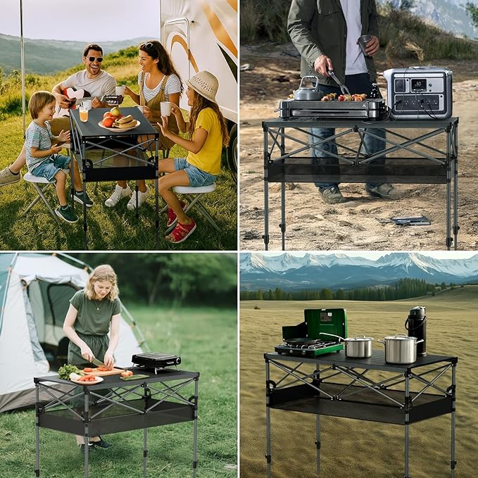 FUNYKICH Folding Camping Table(L39.4''xW19.7'') Aluminum Roll-up Portable Picnic Table with 2 Adjustable Height Large Storage and Carrying Bag for Picnic Camping BBQ Party Backyard Beach