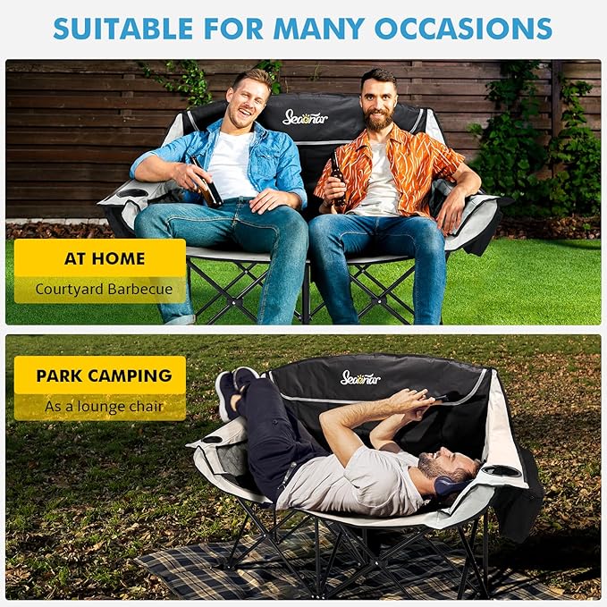 Double Camping Chair for Adults Outdoor Folding Chair with 2 Cooler Bags Support 500lbs Heavy Duty Camp Chair for Outdoor Sports Beach - Black&ampGrey