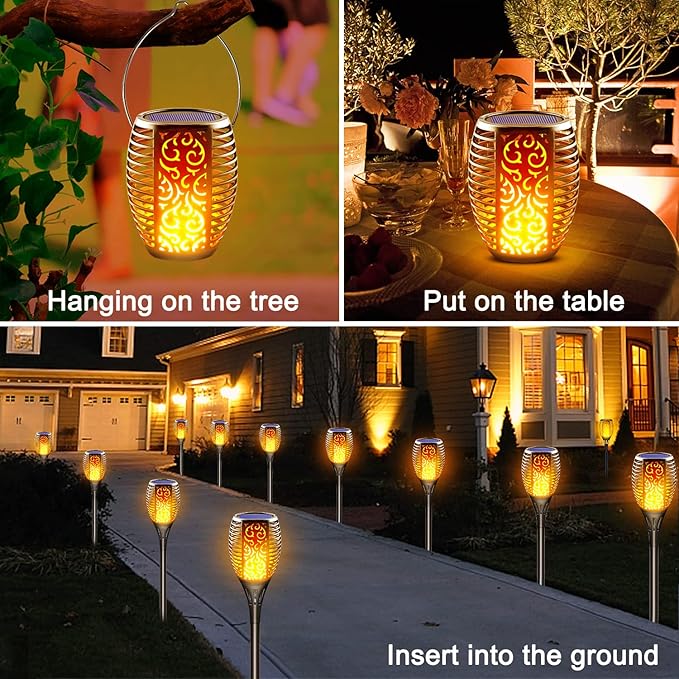 Large Solar Torch Lights Outdoor Flickering Flame Upgraded 3-in-1 Detachable Hanging Lanterns - IP65 Waterproof Auto On/Off Tiki Torches for Garden Pathway Ground Decor (6 Pack)