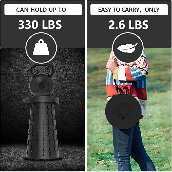 Upgraded Collapsible Stool with Max Load Capacity 330lbs Portable Telescoping &amp Folding Design Retractable Seat for Camping Gardening Fishing &amp Outdoor Adventures (Black)