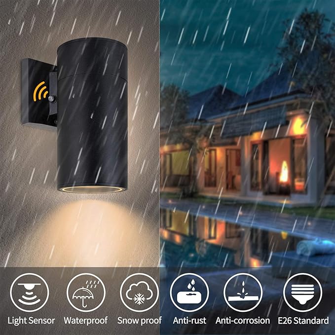 Dusk to Dawn Sensor Outdoor Wall Light Exterior Lighting -ETL Listed Aluminum Anti-Rust Waterproof Wall Mount Cylinder Design 1-Direction Up or Down Light Fixture for PorchPatio or Doorway