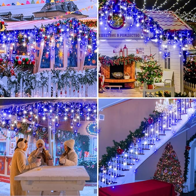 XURISEN 66ft Christmas Lights Decorations Outdoor 640 LED 8 Modes Curtain Fairy Lights with 120 DropsPlug in Waterproof Timer Memory Function for Christmas Holiday Wedding Party Decor(Blue+Cool)