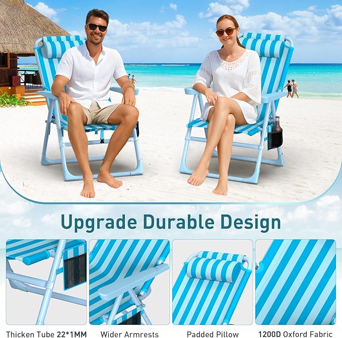 Suteck Backpack Beach Chair 6-Positions Beach Chairs for Adults with Cooler Bag Reclining Beach Chair with Cup Holder Folding Camping Chair for Sand Outdoor