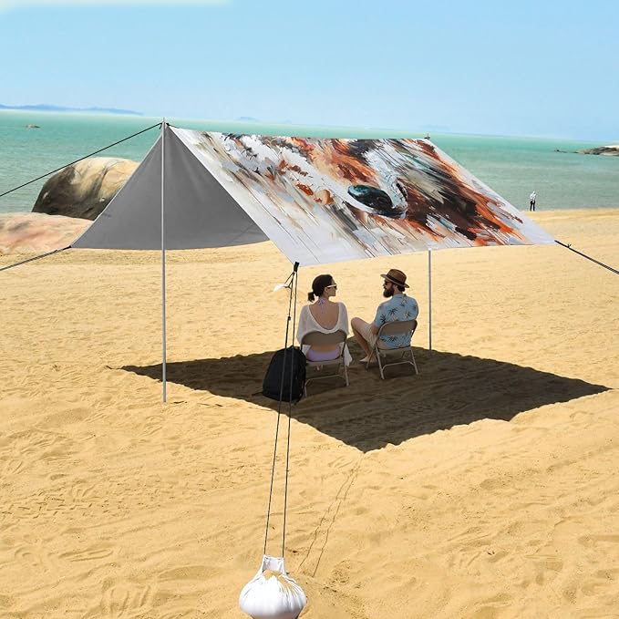 ALAZA Wolf Head Painting Beach Tent Sun Shelter UPF50+ Protection Beach Shade Canopy w/ 4 Sandbags for Outdoor Camping Fishing Backyard Fun Picnic 10x9 ft