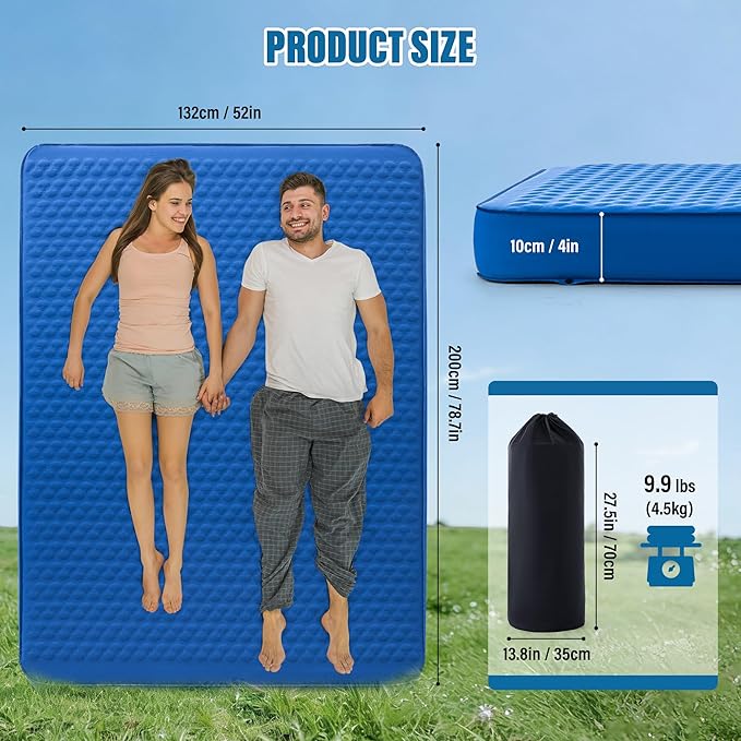 Self Inflating Double Sleeping Pad for Camping with Electric Pump 4 Inch Ultra Thick Memory Foam 2 Person Inflatable Sleeping Pad All Season Full Size Portable Camping Mattress for Travel Tent (Blue)