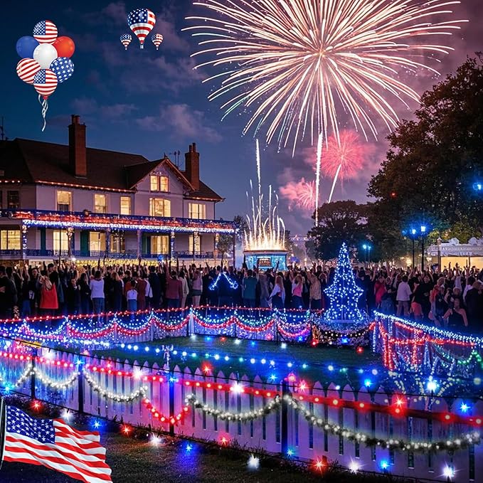 4th of July 95FT 240LED Red White and Blue String Lights Extra-Long Connectable Led Twinkle Lights Waterproof with 8 Modes Memory Independence Day Decoration