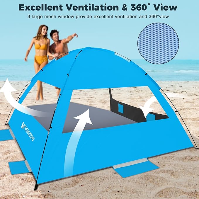 Venustas Beach Tent Sun Shelter for 3/4-5/6-7/8-10 Person UPF 50+ UV Protection Beach Canopy Lightweight and Easy Setup Cabana Portable Shade Tent
