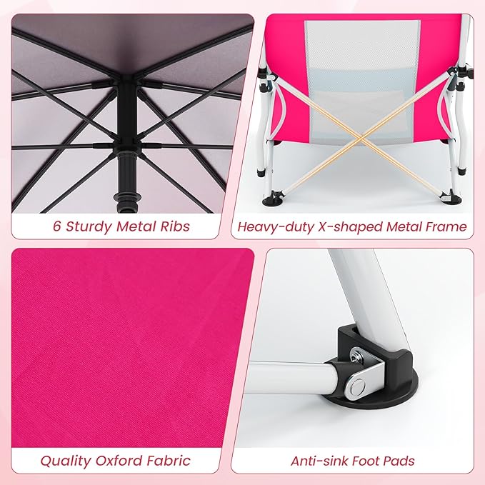Giantex 2-Pack Low Folding Beach Chair with Detachable &amp Adjustable Umbrella Carrying Bag Padded Armrests Mesh High Back Load 330 LBS Anti-Slip Foot Pads Camping Chair for Picnic Lawn Pink