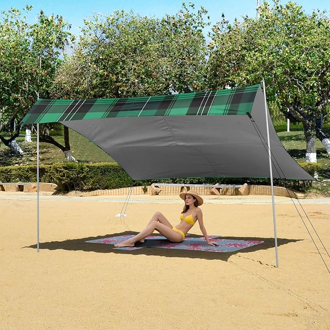 Plaid Texture Green Beach Tent Sun Shelter 9.2' x 10.5' Beach Canopy with 4 Sandbags 4 Stability Poles Sand Shovels - Tent Canopy for Beach Camping Fishing Picnics